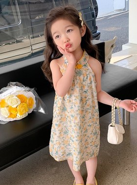 女童夏季中国风黄色盘扣旗袍裙2024新款洋气小女孩甜美碎花连衣裙