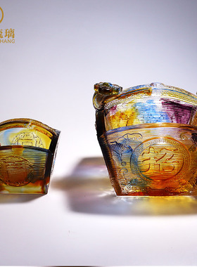 琉璃工艺品摆件日进斗金聚宝盆客厅办公室水晶装饰品店铺开业礼物