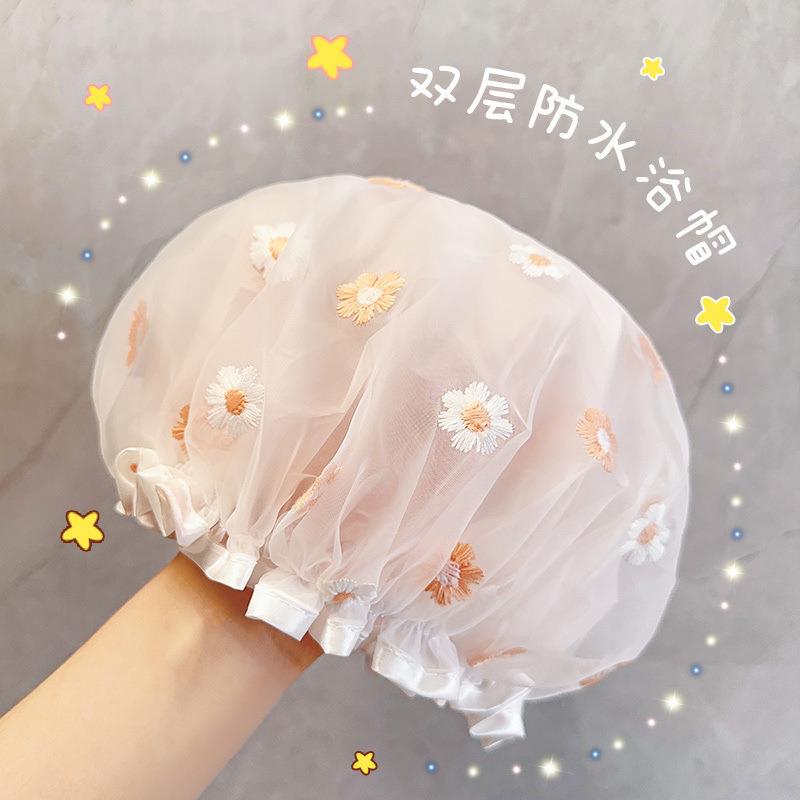 双层加厚浴帽防水女款太阳花刺绣浴帽成人儿童通用创意小清新
