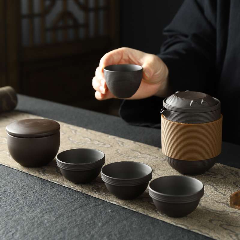 紫砂防烫旅行茶具套胶快客杯大容量一壶四杯小套装车载便携式户外