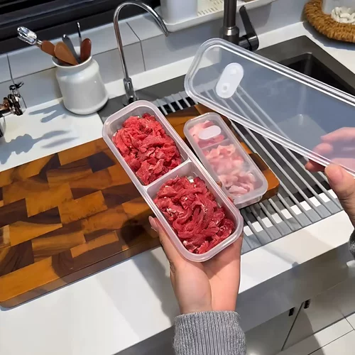 窄缝冰箱分格保鲜盒水果蔬菜冷冻肉分装盒可微波带气孔食物收纳盒