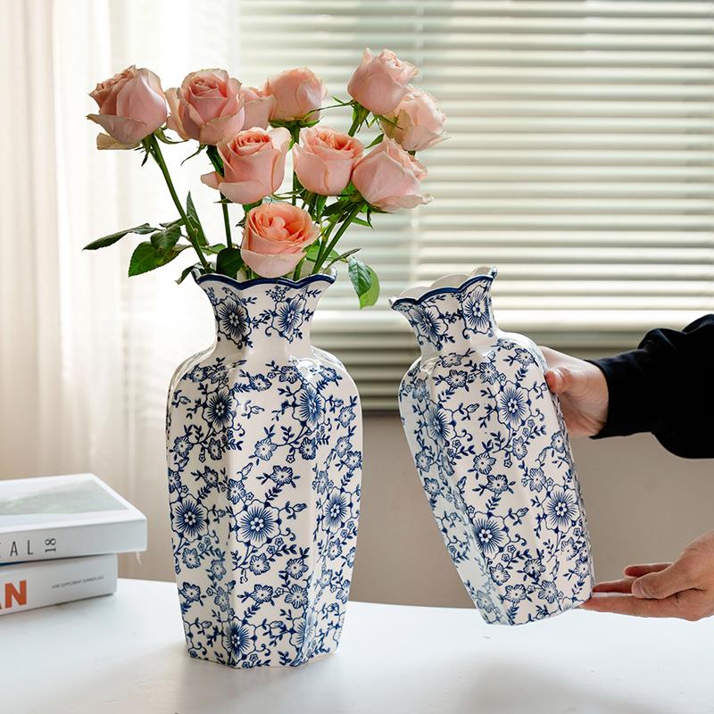 新中式八角田园陶瓷花瓶青花瓷手绘高级客厅玄关插花水养餐桌摆件