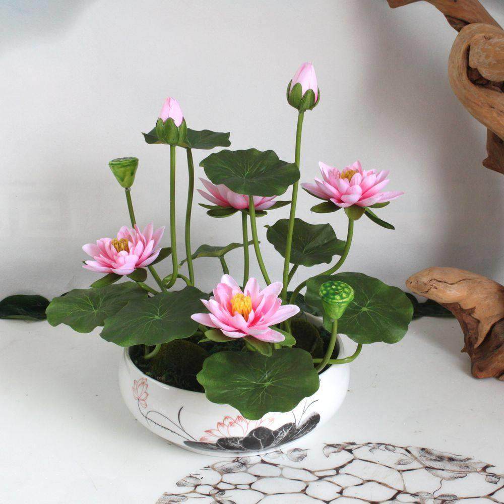 新中式彷真荷花盆景摆件电视柜装饰花假花酒店餐桌摆放花供佛莲花