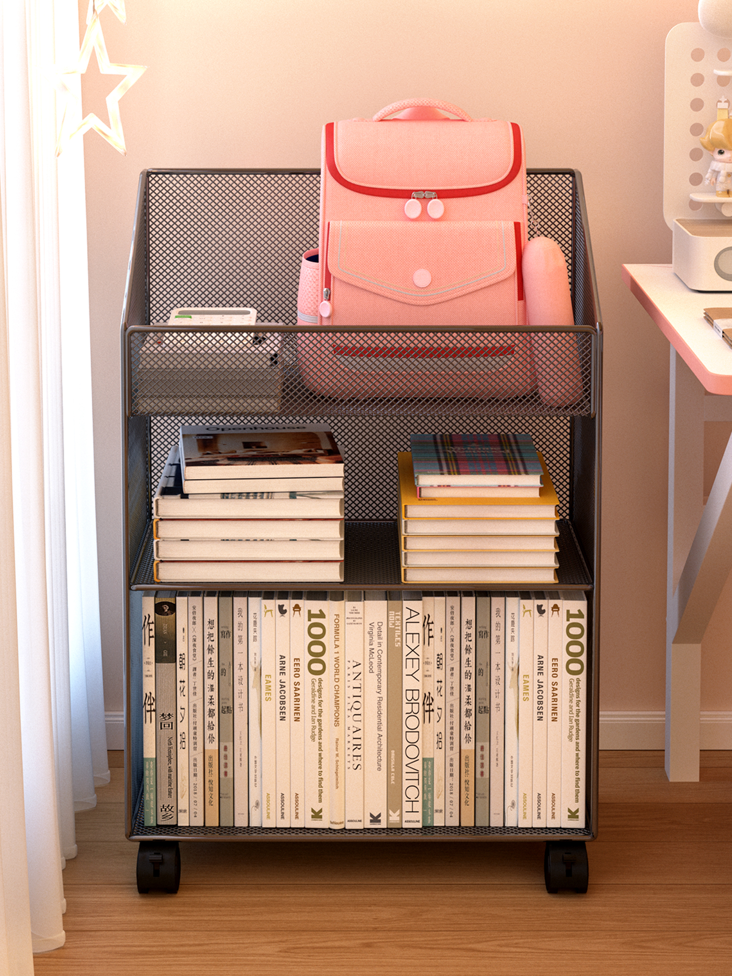 带轮子的桌子地板下可移动储物架，用于家庭学生书桌、书本、教室