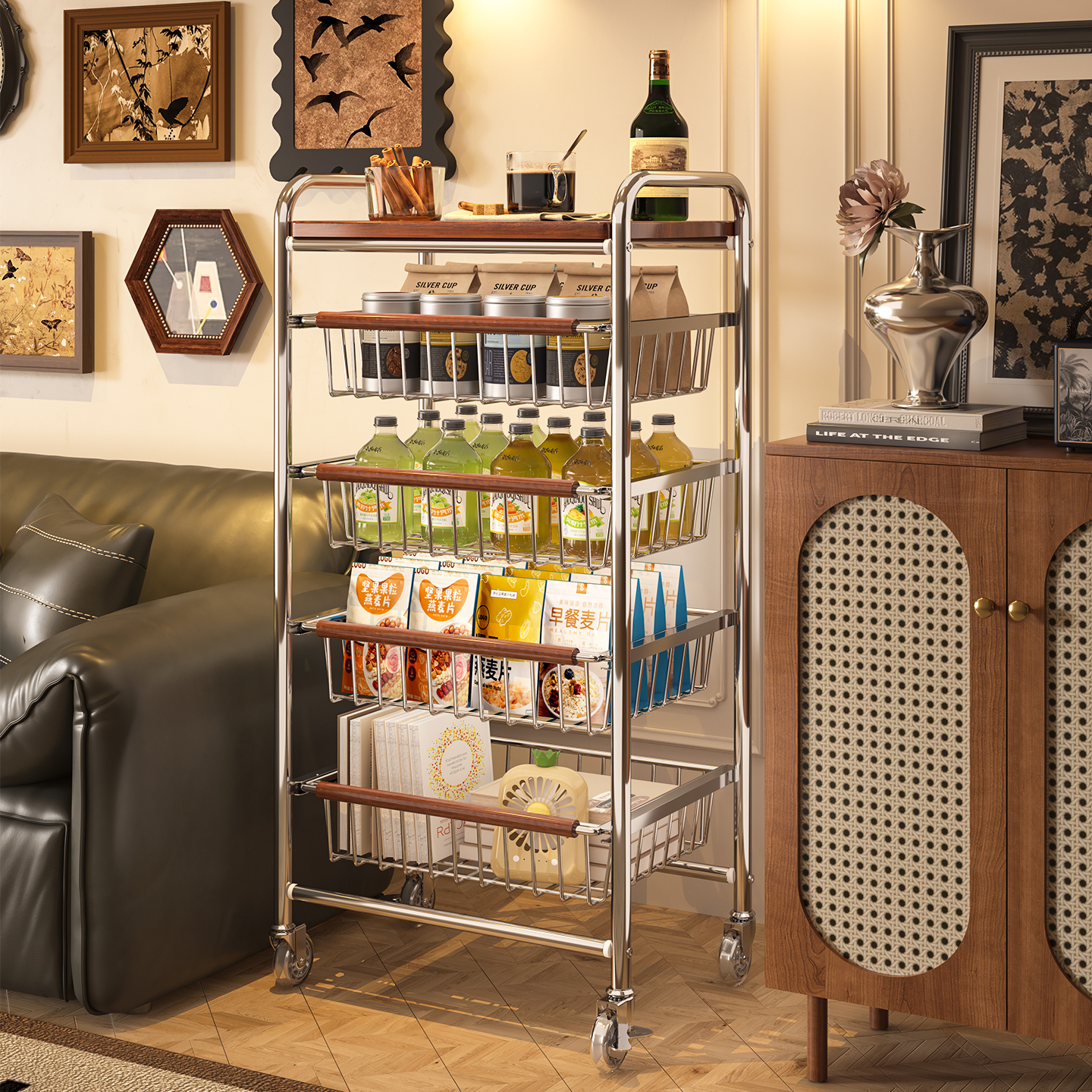 中古风零食置置物架小推车多功能夹缝多层果蔬菜篮宿舍移动收纳架