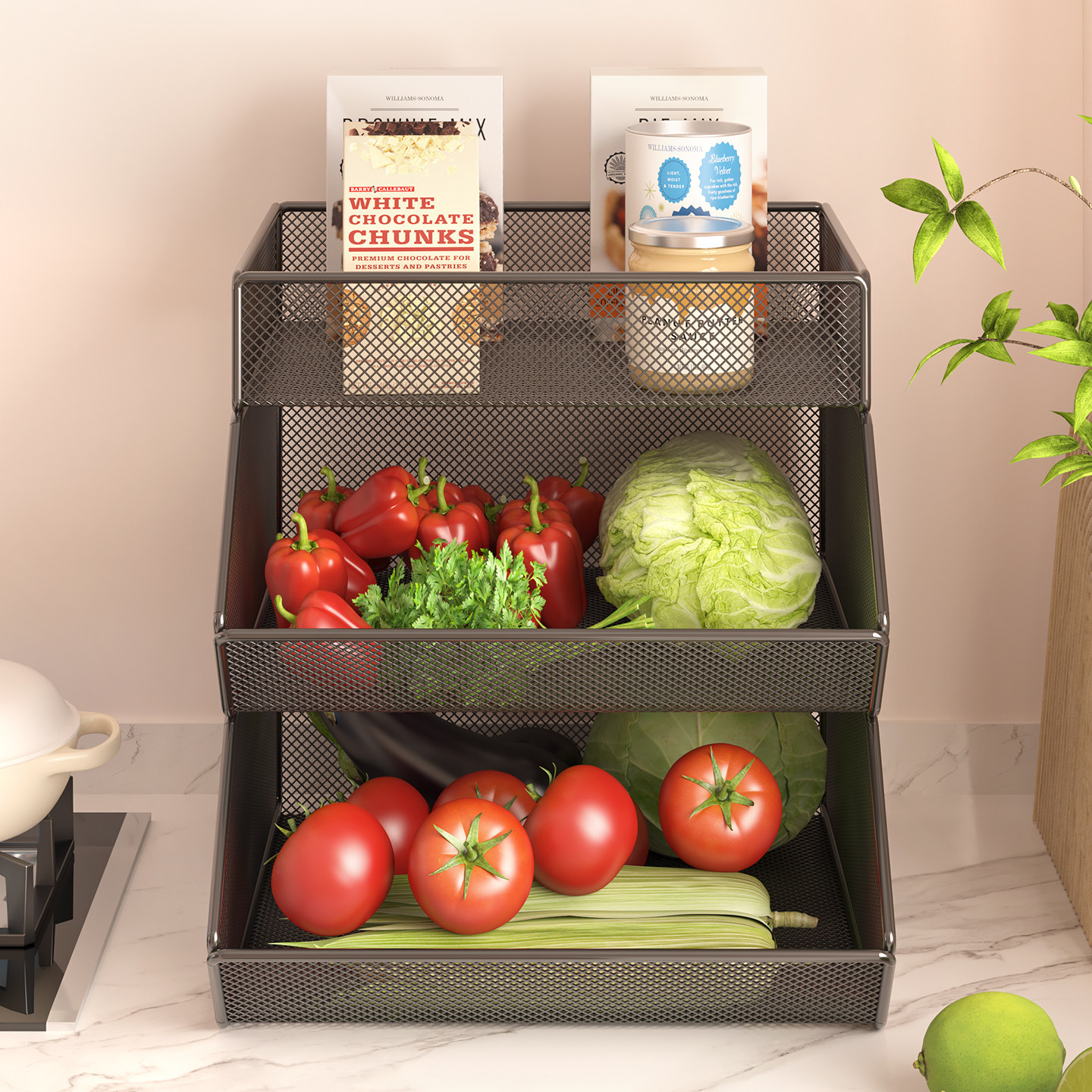 厨房蔬菜置物架台面双层架子灶台上放菜收纳筐小型菜篮子桌面零食