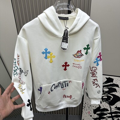 【广州高版本】秋冬季十字架刺绣CH涂鸦连帽卫衣男女同款宽松外套