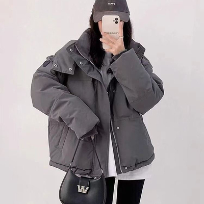 灰色爱心短款羽绒棉服2025年新款男女情侣加厚小众设计感棉服外套