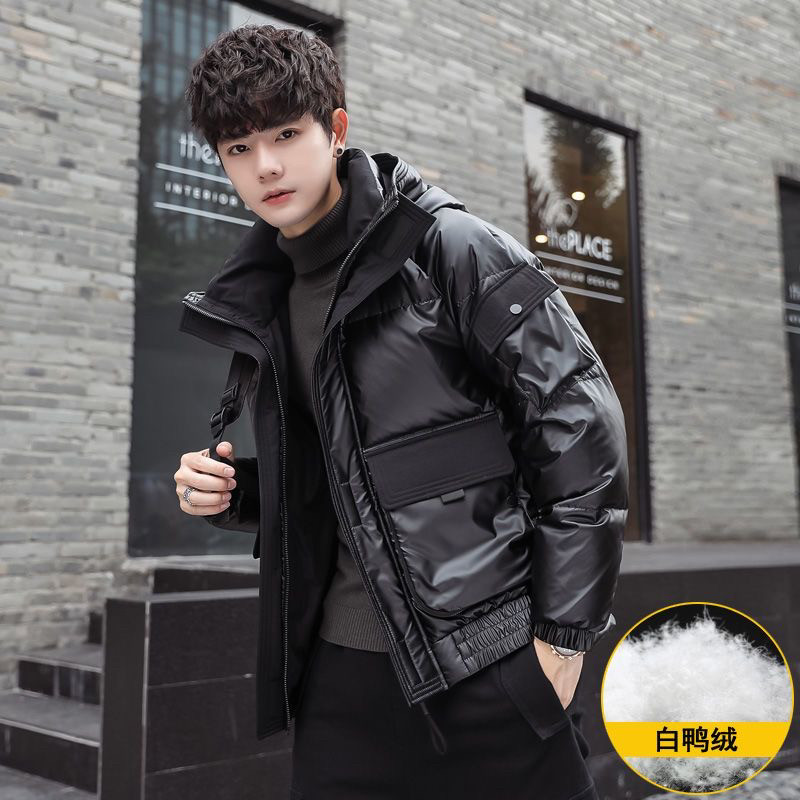 外套男冬季新款韩版潮流短款加厚亮面帅气休闲连帽羽绒服轻薄冬装