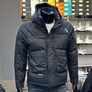 白鸭绒短款羽绒服男士大口袋潮流连帽加厚保暖上衣外绿色套男冬季