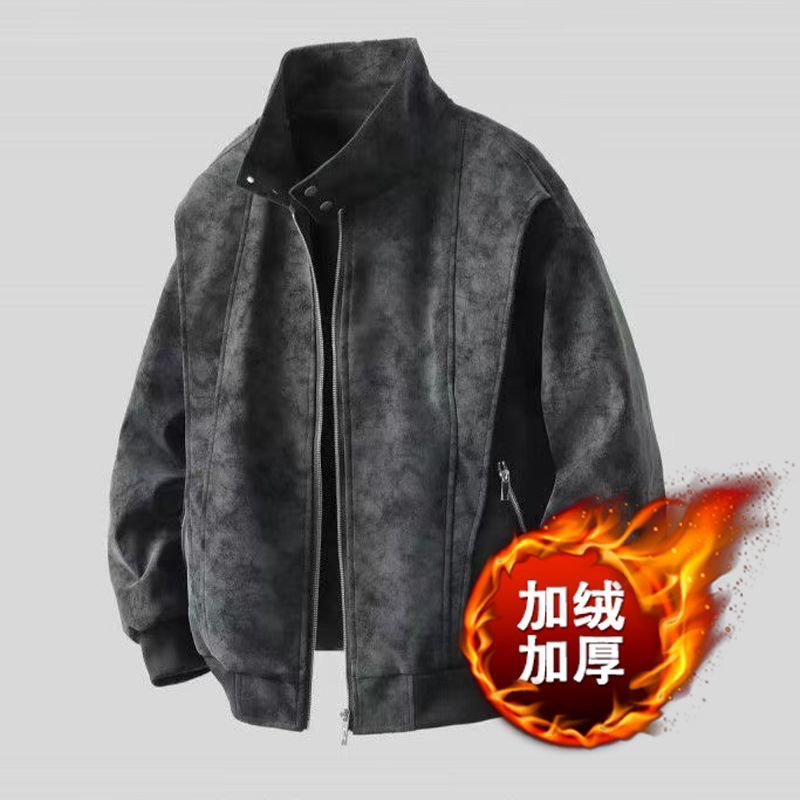 2025新秋冬百搭立领扎染蝙蝠外套加毛PU美式复古痞帅潮牌皮衣夹克