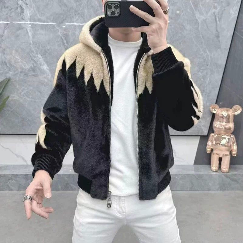 2024冬季网红款金丝绒夹克外套男高品质黑白拼接连帽加厚保暖痞帅