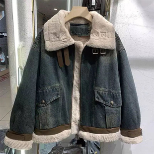 冬天宽松牛仔上衣复古时尚显瘦感加绒港风搭穿外套新款设计厚棉服