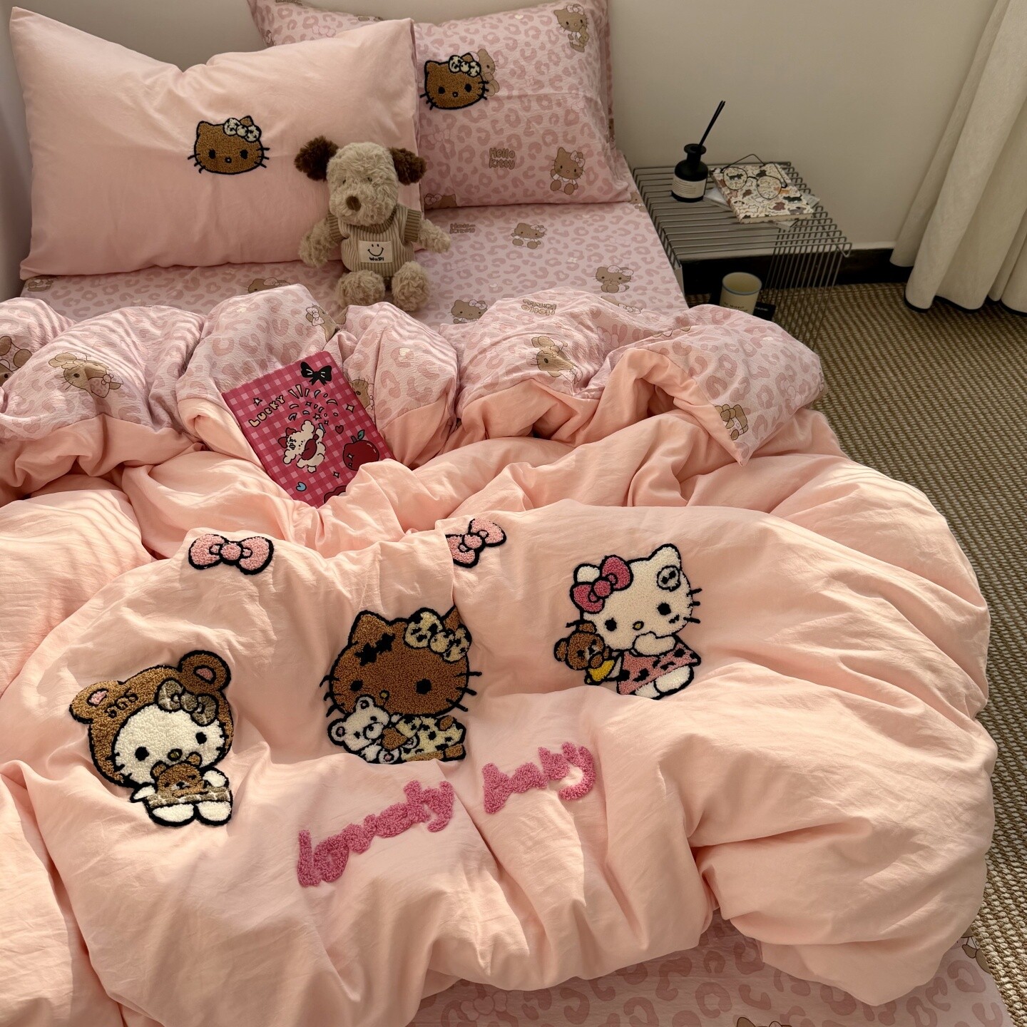 ins可爱少女心粉猫咪毛巾绣水洗棉床单四件套全棉被套纯棉三件套