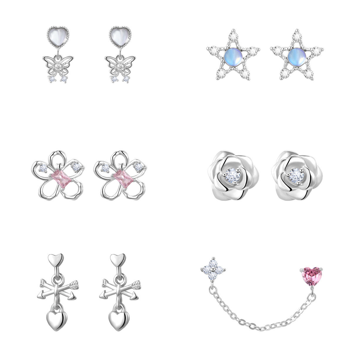 316L钛钢铜镀金微镶耳骨钉玫瑰月光石吊坠高级设计饰品耳钉耳骨钉