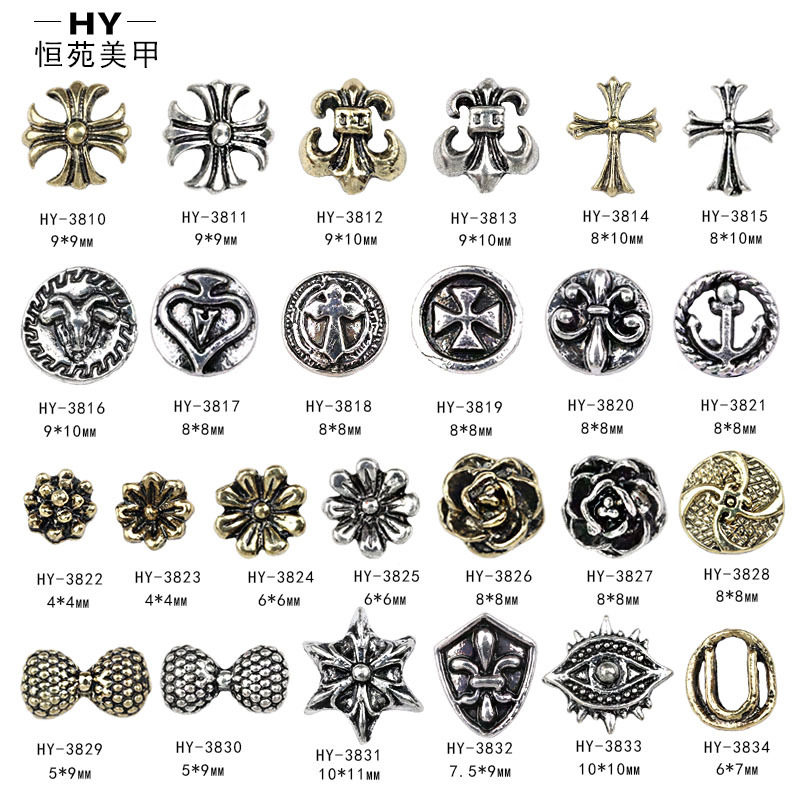 复古潮流金属金银蝴蝶结美甲饰品朋克克罗心玫瑰花甲片厂家定制