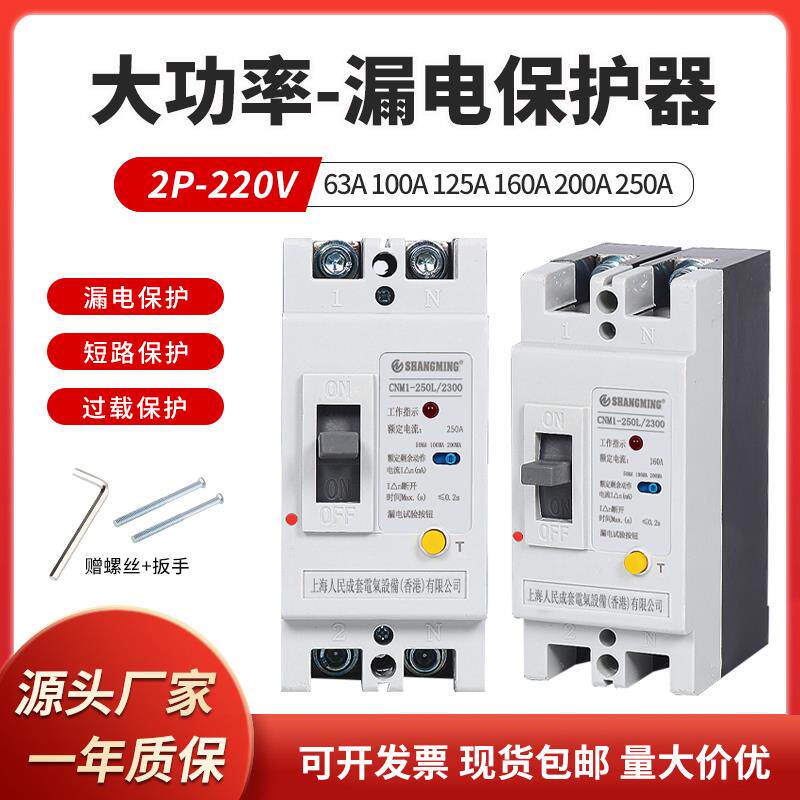 上海人民漏电断路器 大功率单相220V家用漏保空气开关闸刀2P250A