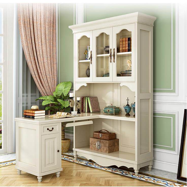 美式实木转角书桌书架组合儿童电脑桌白色简约写字台学习桌书柜