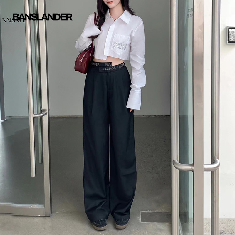 BANSLANDER高级感不对称闪钻织西装裤带垂感显瘦高腰宽松直筒西裤