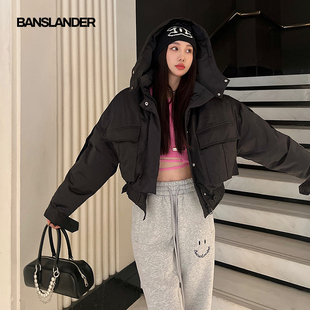 BANSLANDER白鸭绒闪钻LOGO工装羽绒服女冬季短款派克冲锋衣外套