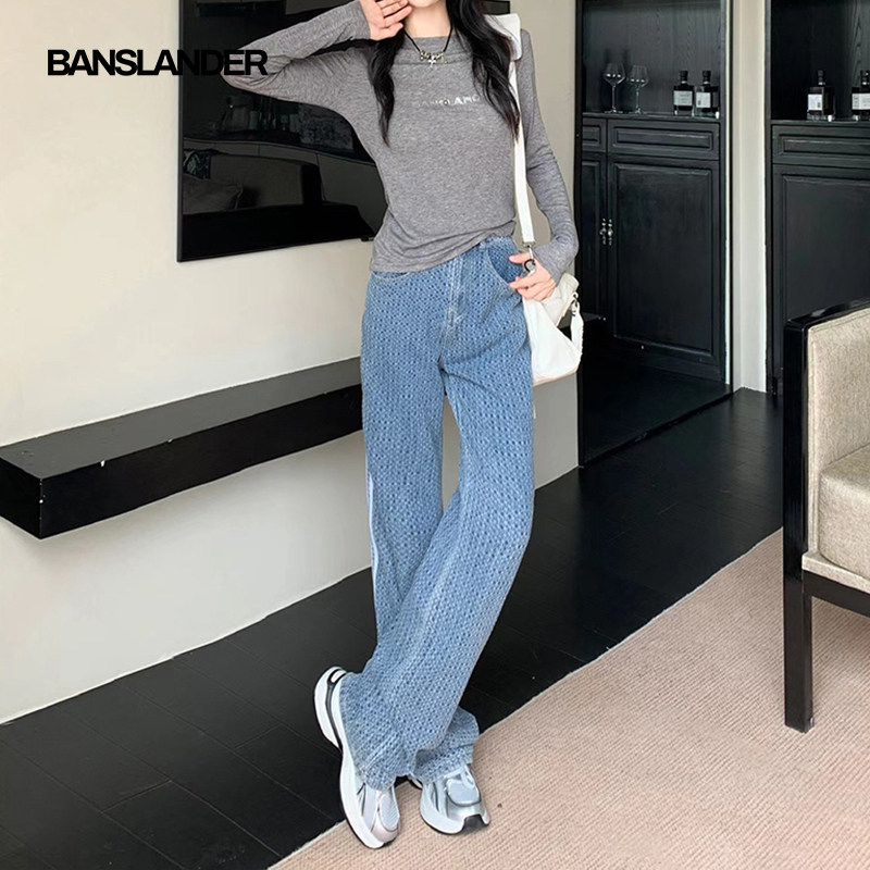 BANSLANDER柔软舒适白边编织直筒牛仔裤女高腰显瘦垂感针织休闲裤