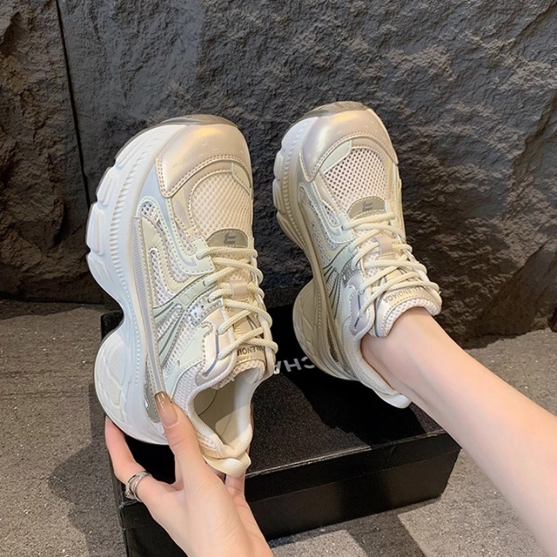 外贸增高松糕厚底老爹鞋女2024新款春夏金属色网面透气运动休闲鞋