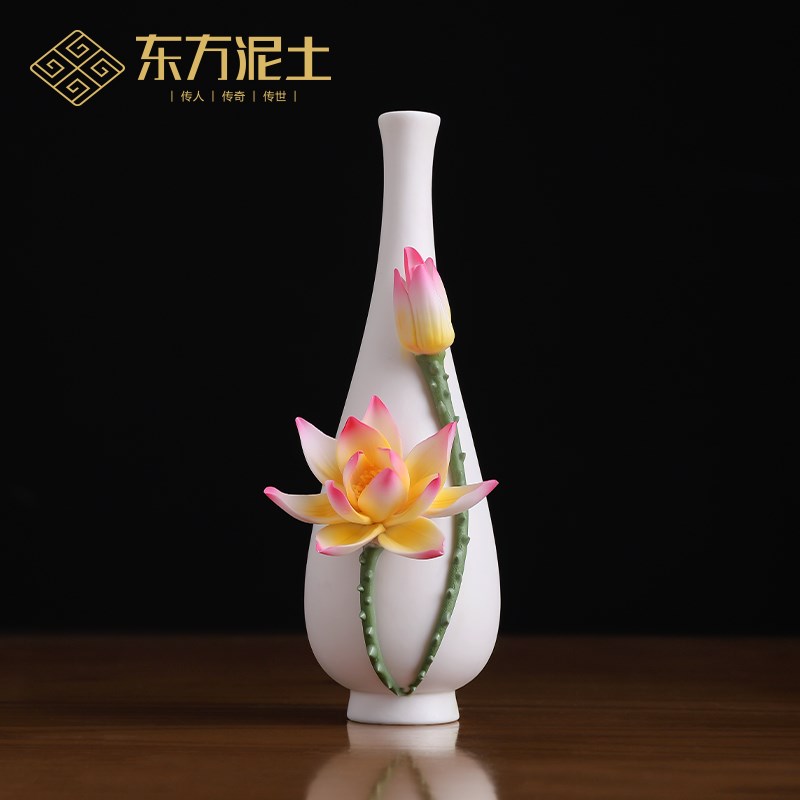 精品东方泥土手工捏水滴莲花陶瓷客厅插花花瓶酒柜博古架桌面装饰