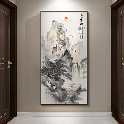精品迎客松挂画新中式入门玄关装饰画走廊过道风景山水画客厅竖版