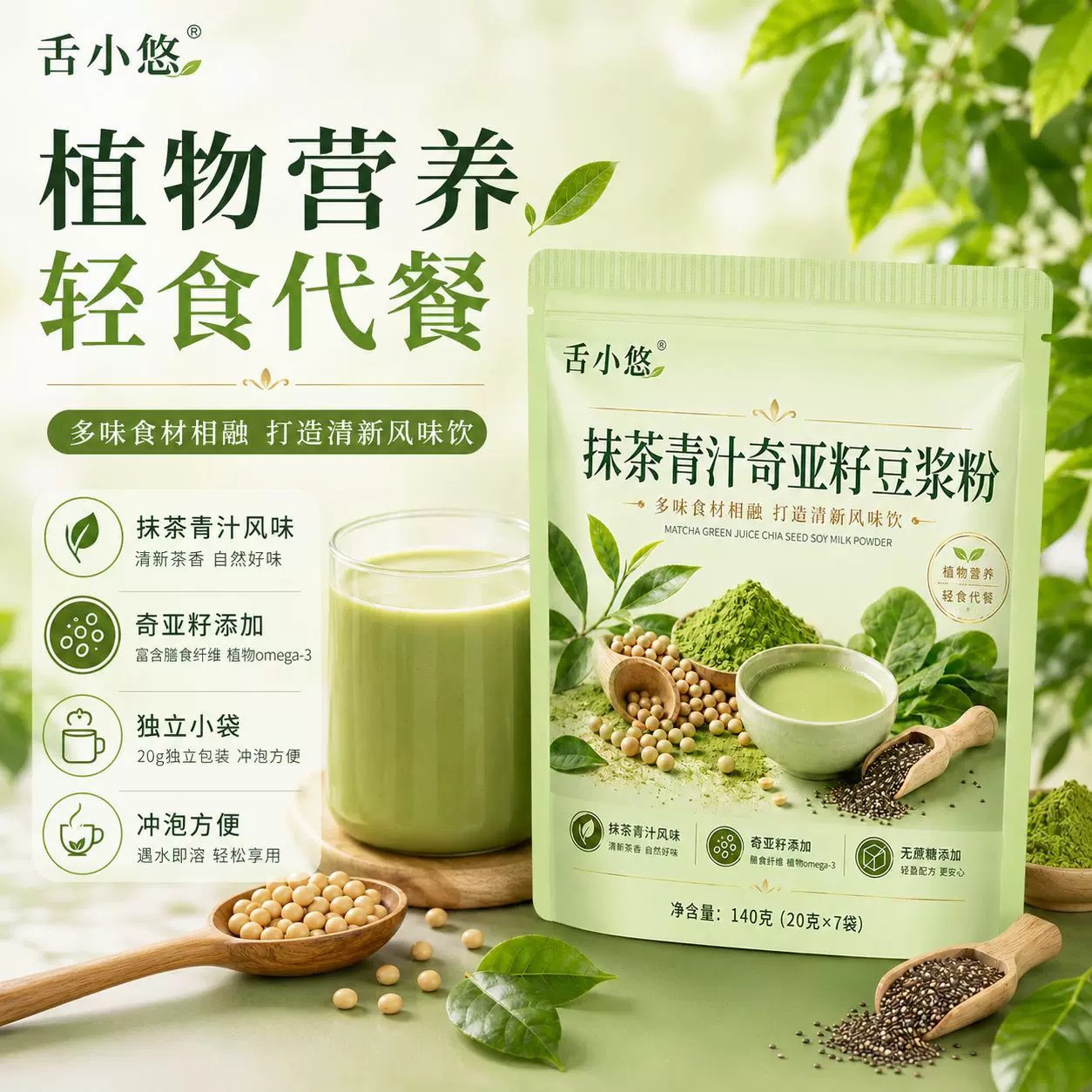 抹茶青汁奇亚籽豆浆粉袋装140g速食冲泡即饮抹茶风味醇香浓郁图片