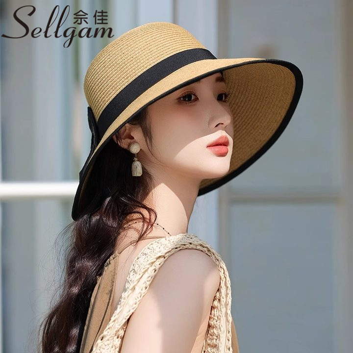 大檐草帽女夏季防晒透气防紫外线遮阳帽户外旅游时尚可折叠渔夫帽