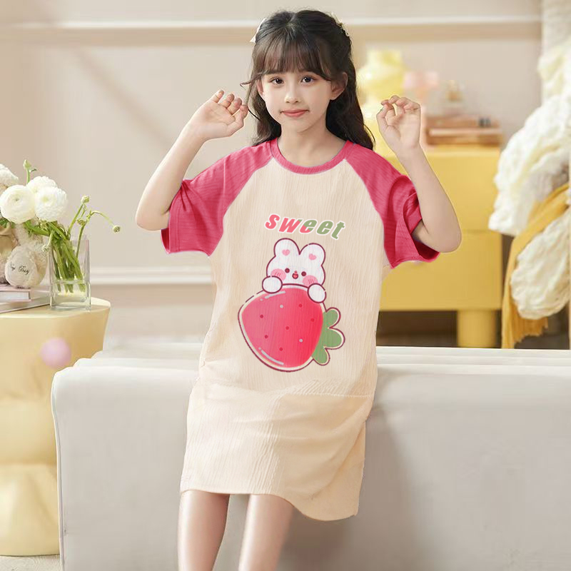 新款女童草莓兔睡裙家居服睡衣