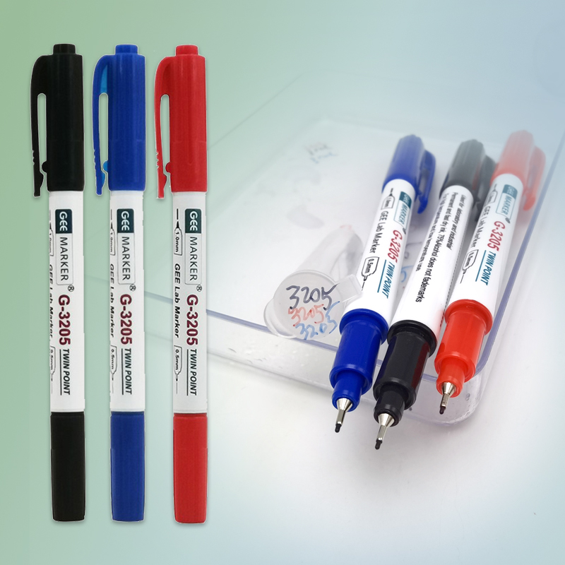 GEEMARKER双头防酒精记号笔G-3205油性速干塑料面防酒精轻擦黑红蓝0.5-1.0MM实验室马克笔