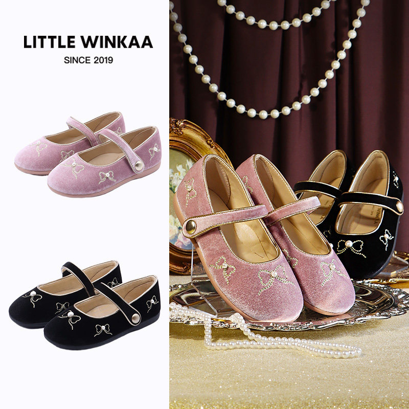 Little winkaa 电绣蝴蝶结缀珠舞蹈鞋2026新款秋软底女童公主单鞋