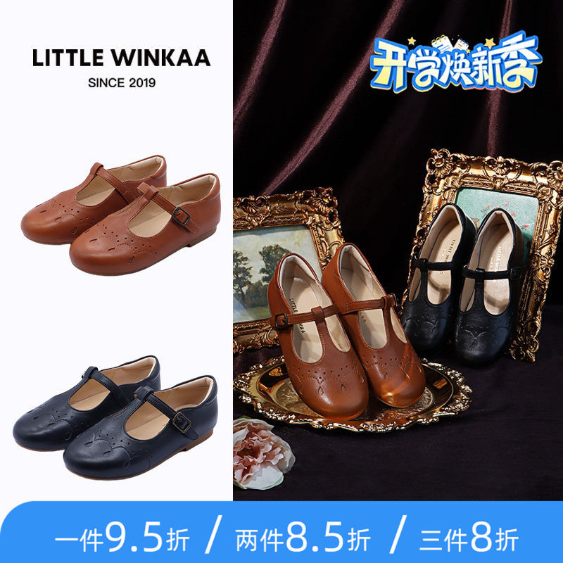 little winkaa 镂空复古牛皮革t字包头2026秋季新款真皮单皮鞋