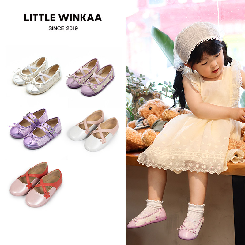 Little winkaa童鞋新款蝴蝶结铆钉舞蹈水晶紫色公主鞋拼接皮鞋女