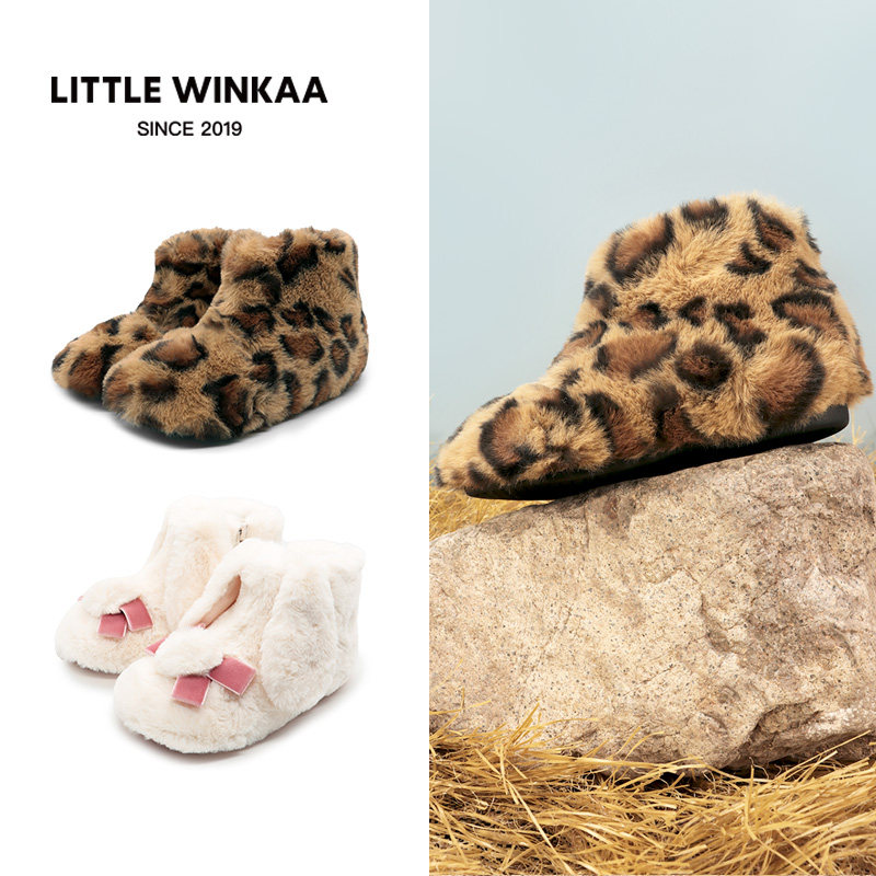 Little winkaa童鞋2025冬季新款萌趣豹纹毛绒儿童短靴加绒保暖靴
