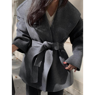 韩国chic秋冬法式 毛呢外套上衣女 复古大翻领绑带收腰显瘦纯色长袖