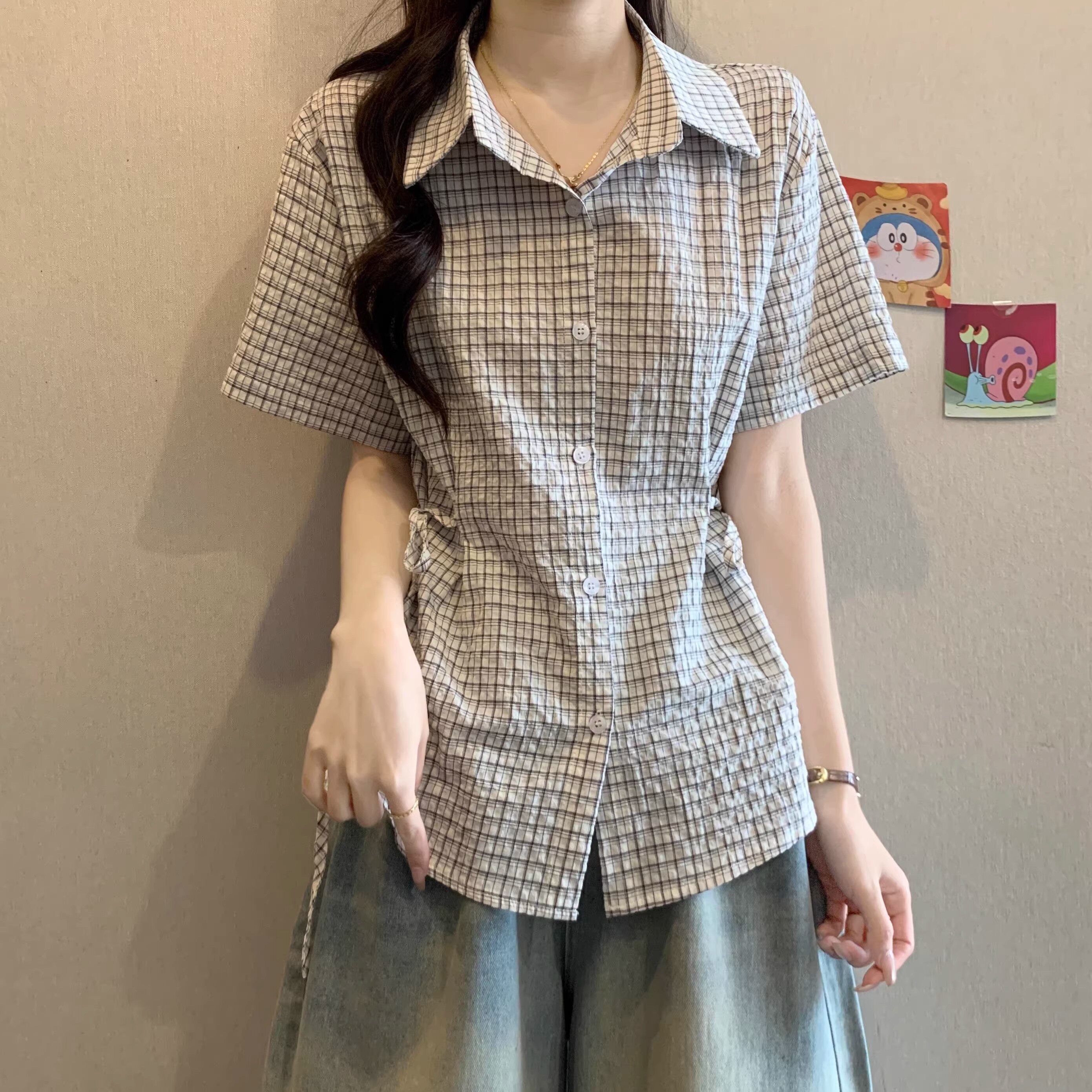 盐系格子正肩短袖衬衫女夏季新款小衫绑带收腰上衣POLO领通勤风