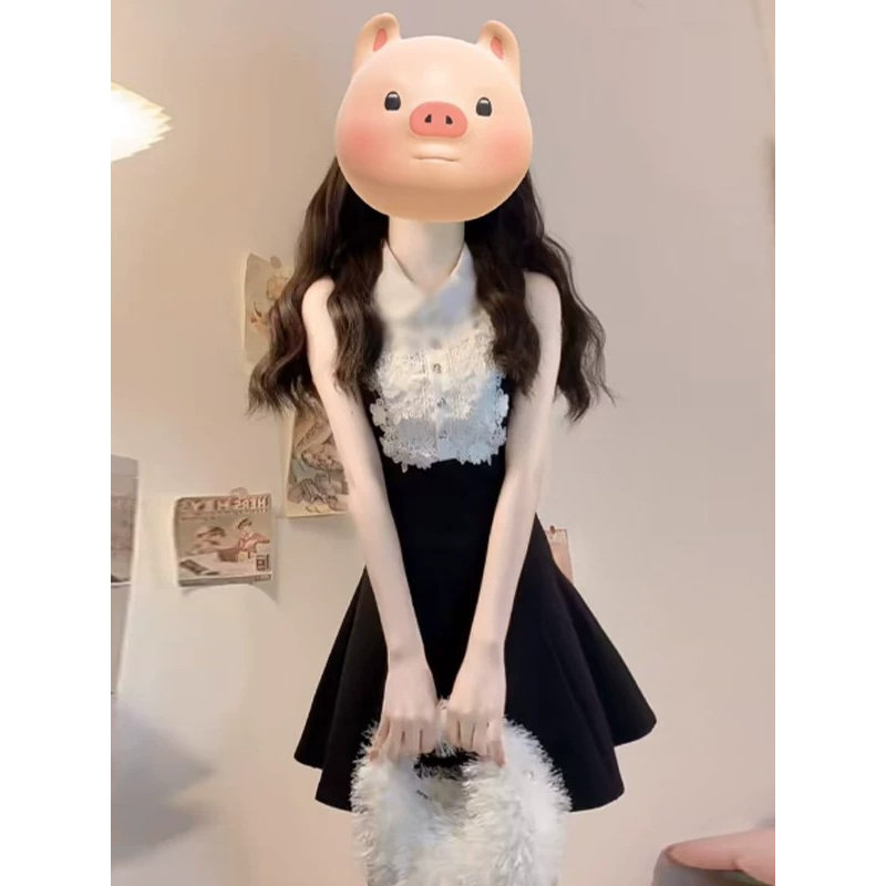 蕾丝显瘦短裙黑色无袖性感时尚甜美镂空拼接小众连衣裙夏季少女20