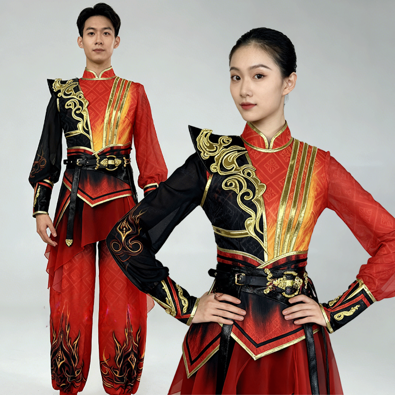 新款红色打鼓服男女款民族风舞台表演服喜庆开场舞腰鼓队演出服装