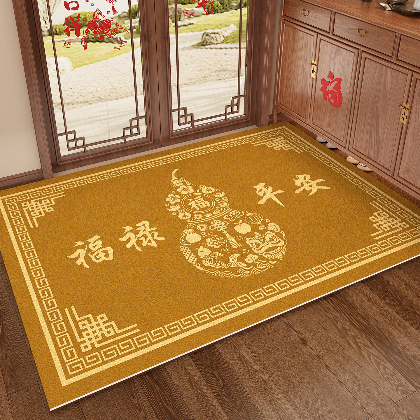 葫芦新中式入户门地垫土黄色地毯皮革pvc防滑耐脏门垫脚垫可裁剪,居家布艺,入户地垫,淘宝优惠券,粉丝福利购,淘宝优惠卷
