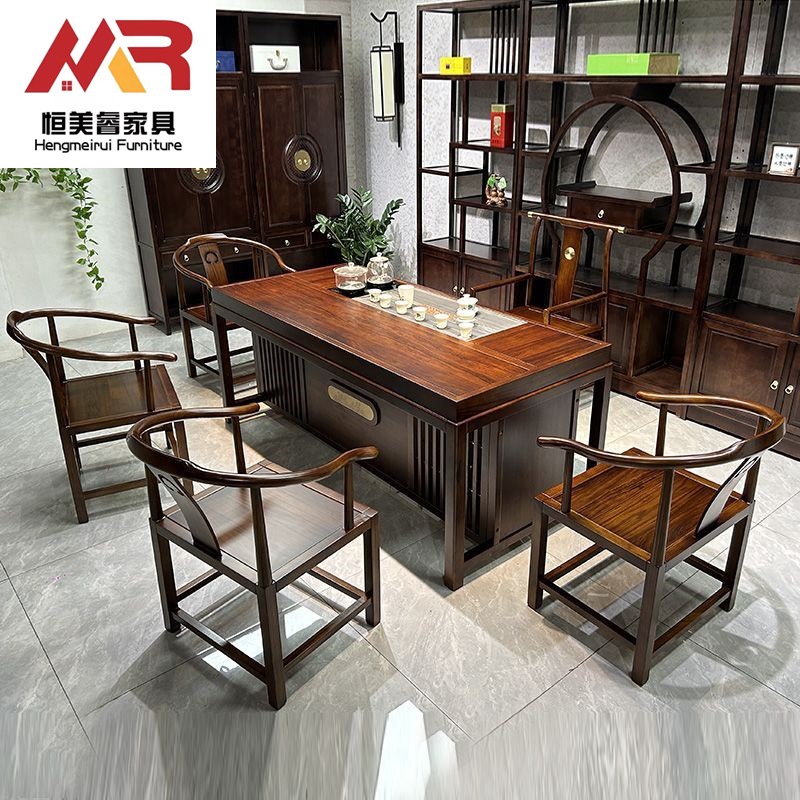 新中式茶桌实木茶桌椅长方形泡茶桌椅小户型两用套装茶台一体桌