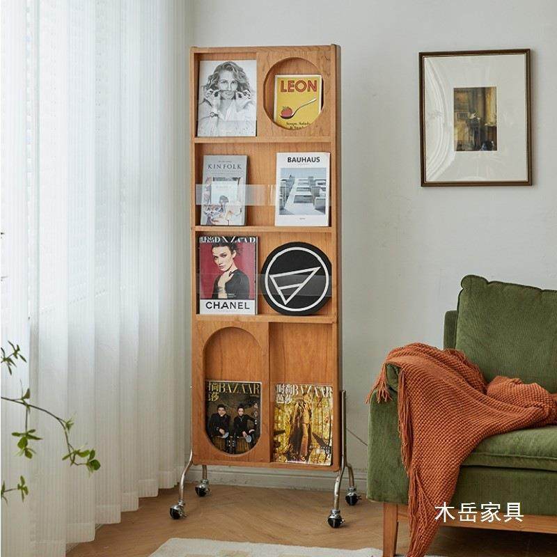 北欧实木可移动杂志架全身穿衣镜子樱桃木隐藏式可旋转落地书架