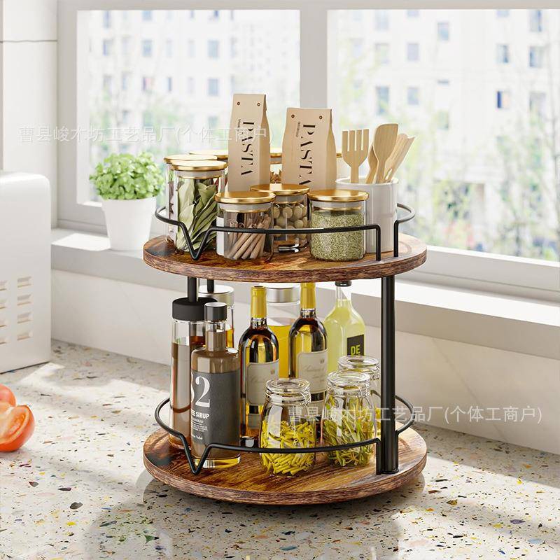 实木置物架调味瓶支架金合欢木橱柜整理木质调料架厨房旋转存储架