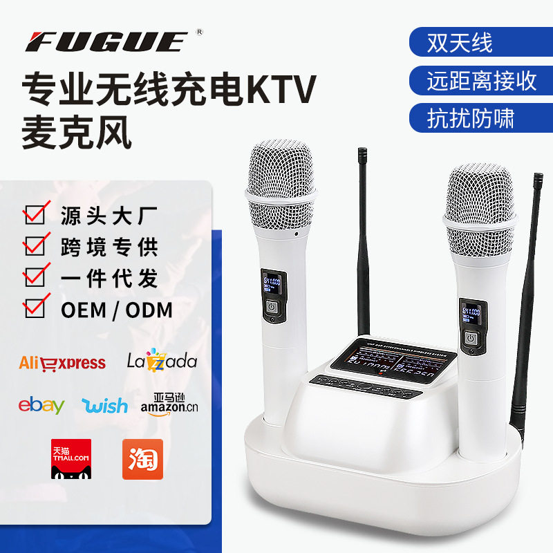 亚马逊无线充电KTV麦克风一拖二话筒直播专用家用K歌会议咪头音箱