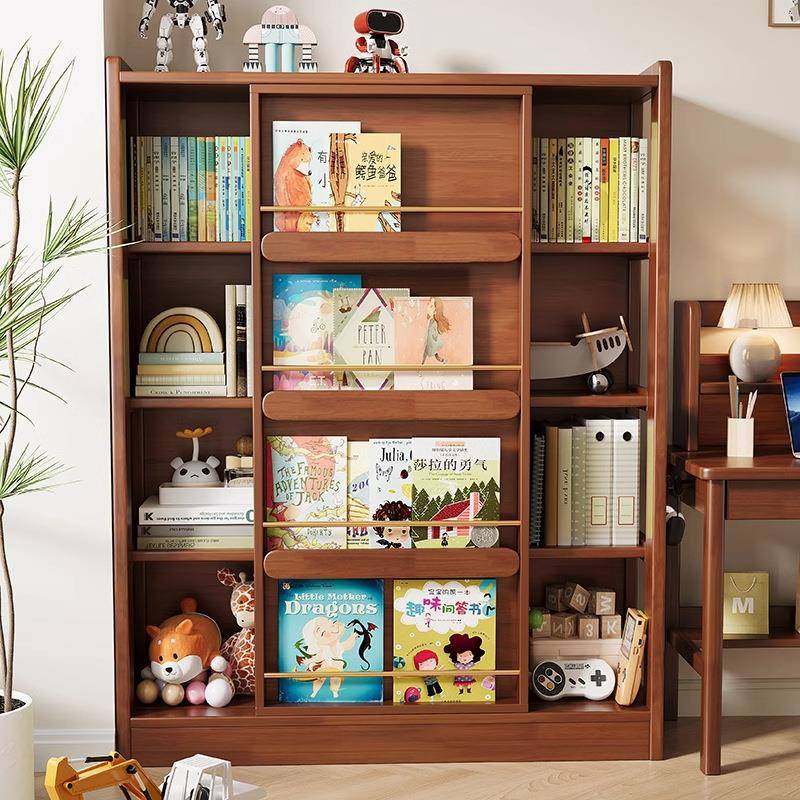 儿童房书架置物架落地实木绘本架推拉门书柜宝宝阅读区储物柜一体
