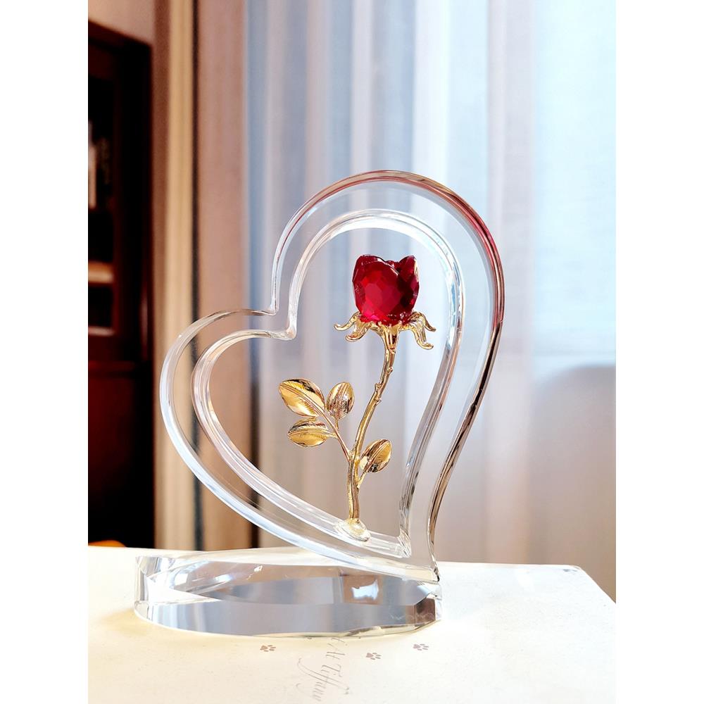 浪漫水晶爱心玫瑰摆件七夕情人节送女生闺蜜生日礼物桌面装饰品