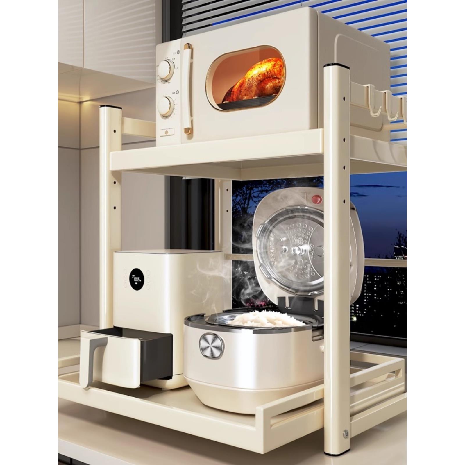 抽拉式微波炉置物架厨房电饭煲烤箱空气炸锅台面多功能电器收纳架