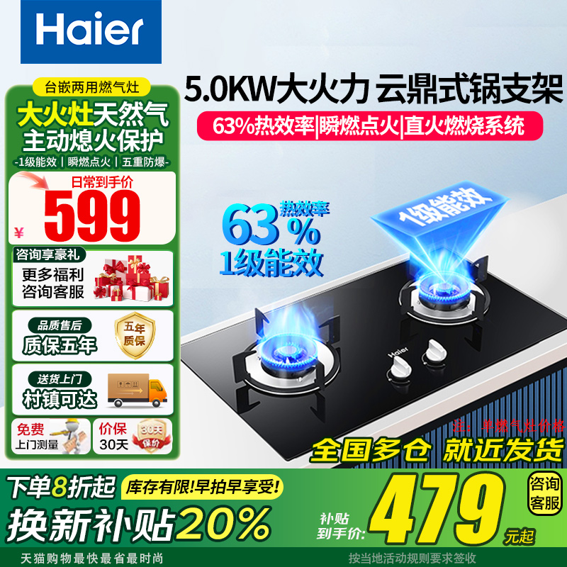 海尔节能燃气灶家用Q2BE1天然气双灶台式大火猛火灶具炉灶嵌入式