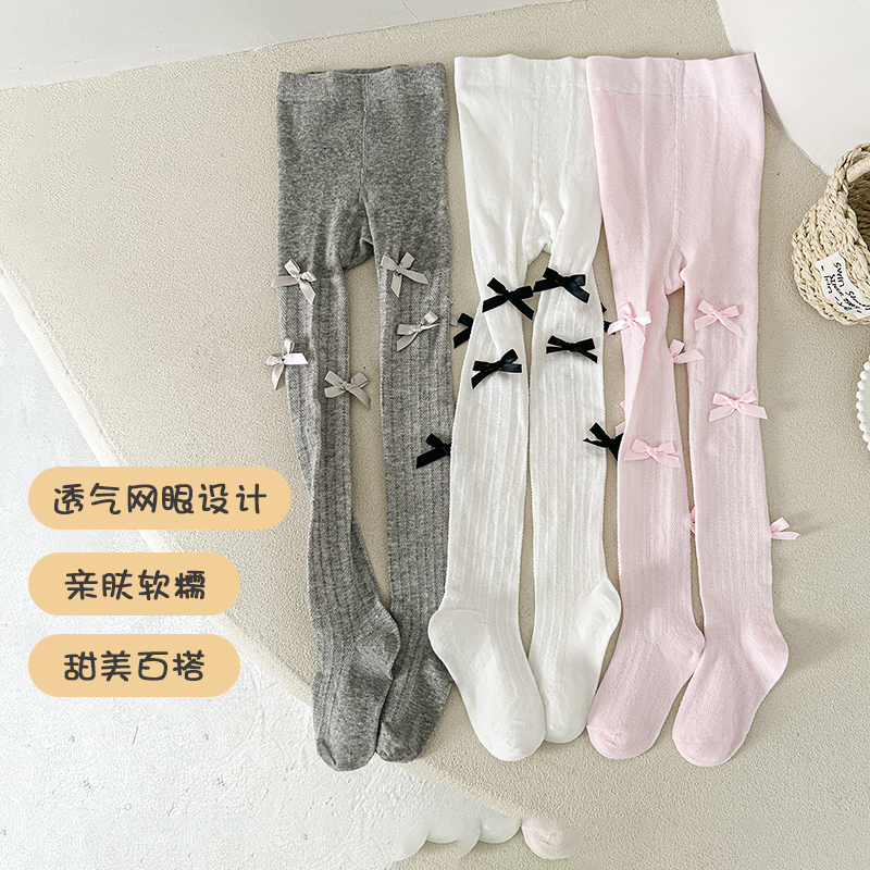 女童连裤袜春秋季精梳棉儿童打底裤韩系公主风蝴蝶结袜子夏天网眼
